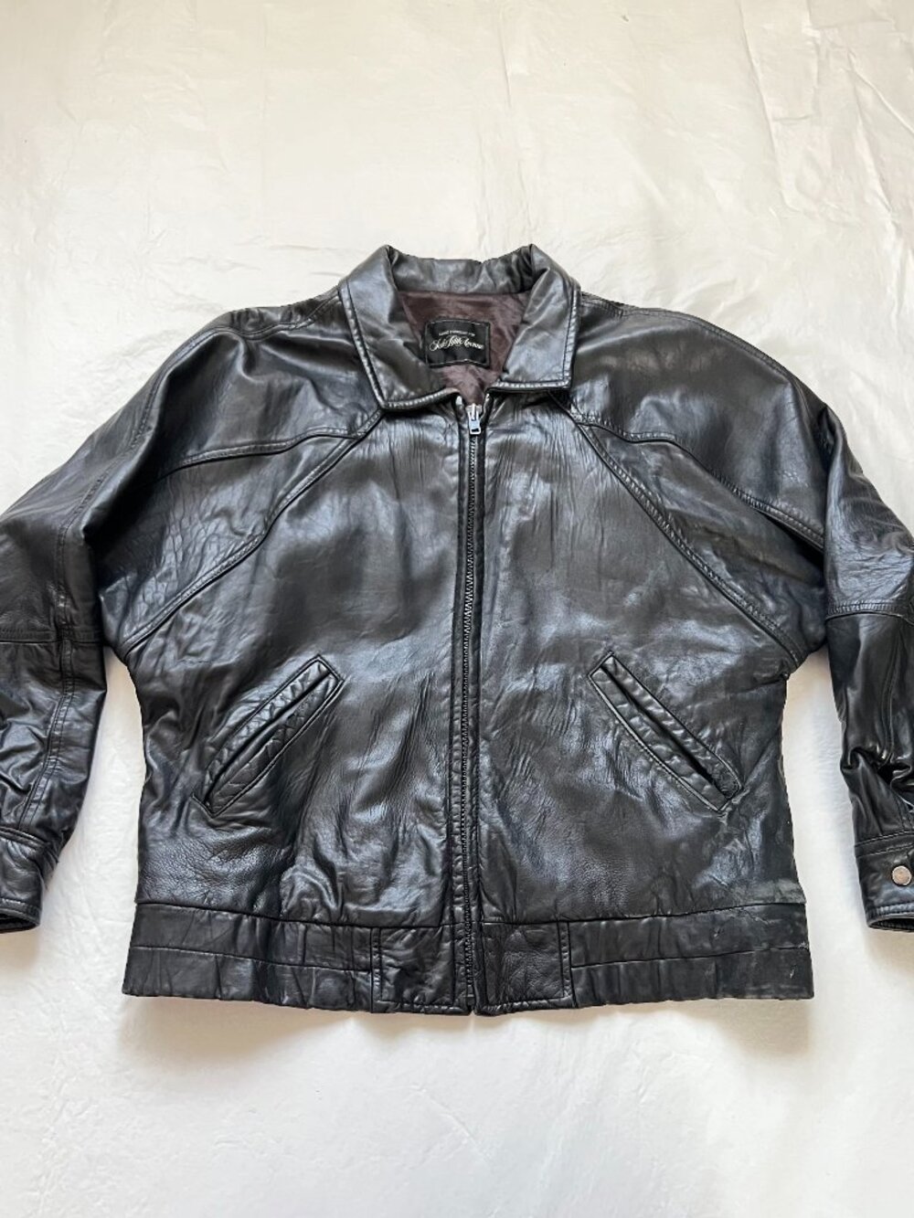 Saks Fifth Avenue leather jacket black bomber zip up mens Large collared